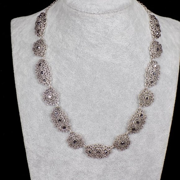 Vintage Crown Trifari Necklace Art Deco Style Textured Filigree Stones 15" +2" - Picture 5 of 11